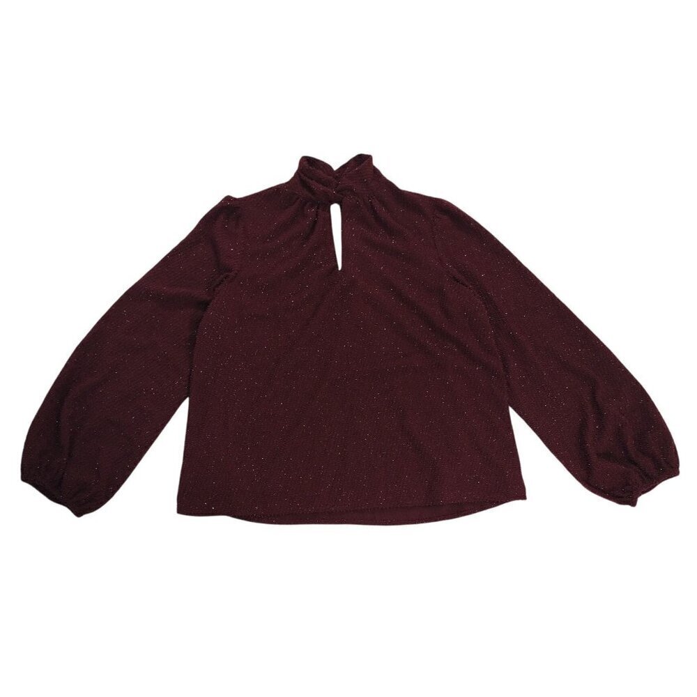 Nine West Burgundy Long Sleeve Textured Keyhole Blouse S, NWT.